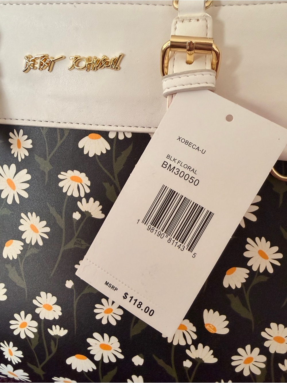 Betsey Johnson Black Tote with Cream Trim & White Daisy Print - Picture 4 of 11